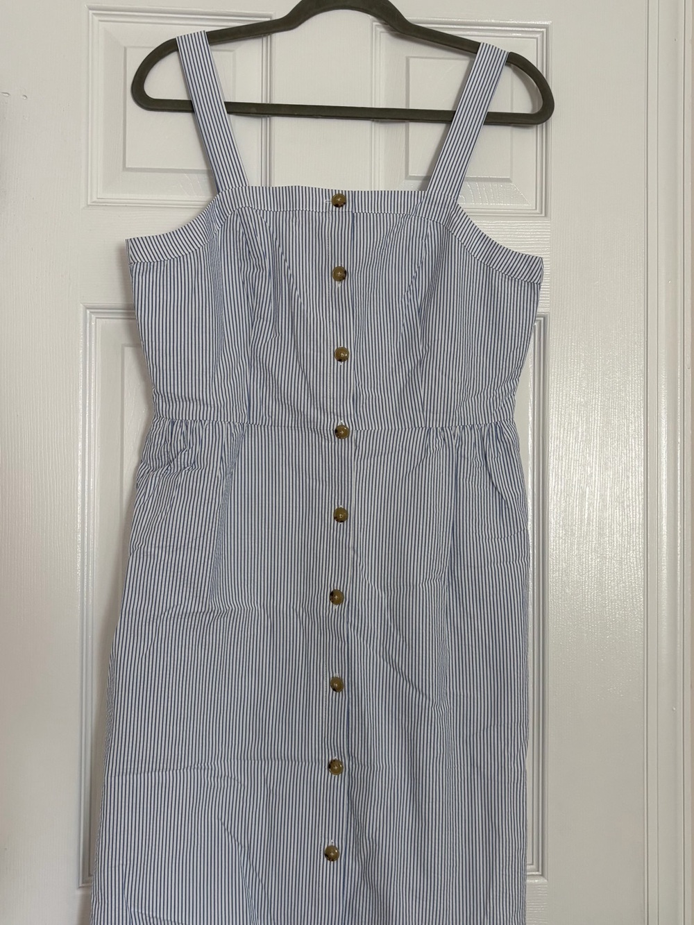 NWT J Crew Blue White Seersucker Pin Striped Button-Up Lined Dress Size Large